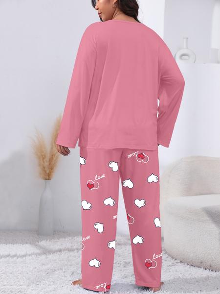 Plus Size Heart Letter Print Comfortable 2-Piece Set, Casual Long Sleeve Pajama Pants Suit, All Seasons Fitted Knit Fabric Loungewear Plus Size Heart Letter Print Comfortable 2-Piece Set, Casual Long Sleeve Pajama Pants Suit, All Seasons Fitted Knit Fabric Loungewear