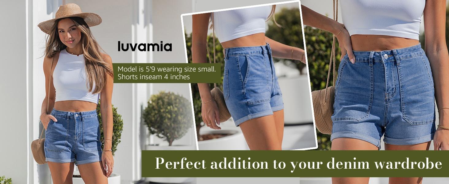 luvamia Jean Shorts for Women Trendy High Waisted Fold Hem 4 Inch Inseam Stretchy Denim Shorts Summer Casual Jorts