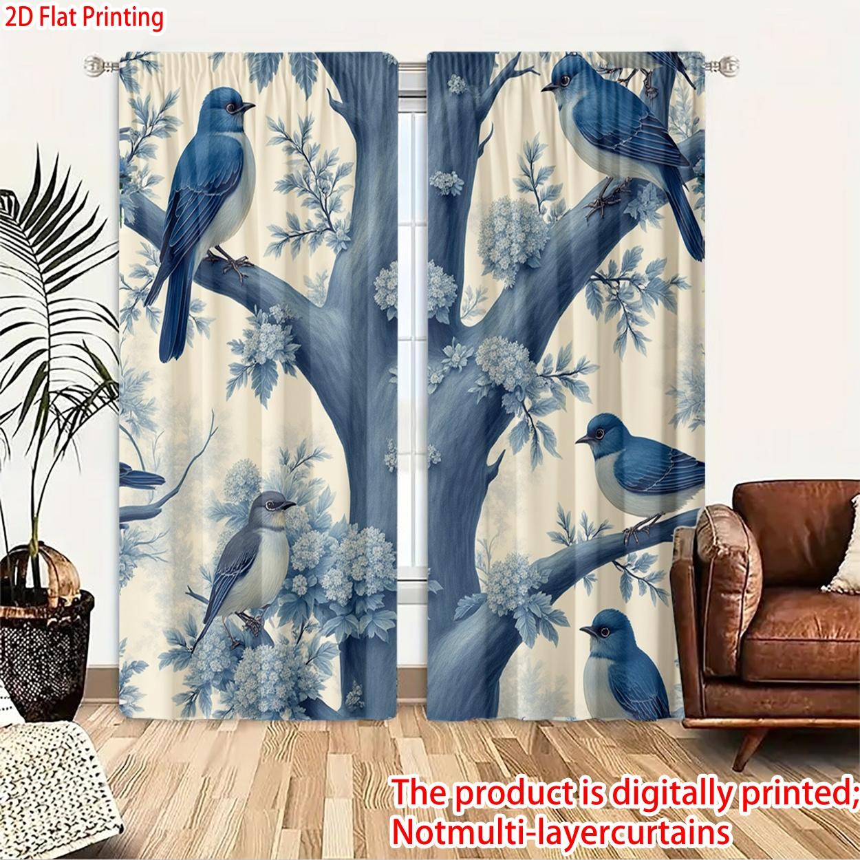 2 pieces, 2D flat printing, polyester materialBlue Birds Perched on TreePatterned print, light-filtering curtains, suitable for decorating bedrooms, living rooms, and other settings; features a rod pocket design for easy rod installation.