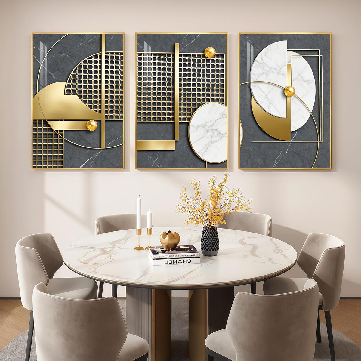 3 Counts Aluminum Alloy Framed Painting, Geometric Gold And Marble Abstract Art, Home Decoration For Living Room, Bedroom, Office, Restaurant, Hallway Wall Decor, Odorless Print Artwork, Luxury Perfect Gift For Friends And Family