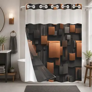 1Pc Hookless Double Layer Shower Curtain, Black Brown 3D Geometric Block Print, Modern Luxury Bathroom Makeover Decor Curtain, Water Repellent Washable Fabric, Removable Snap-in Liner, Top See-Through Window, For Apartment, Hotel, Guest Bath