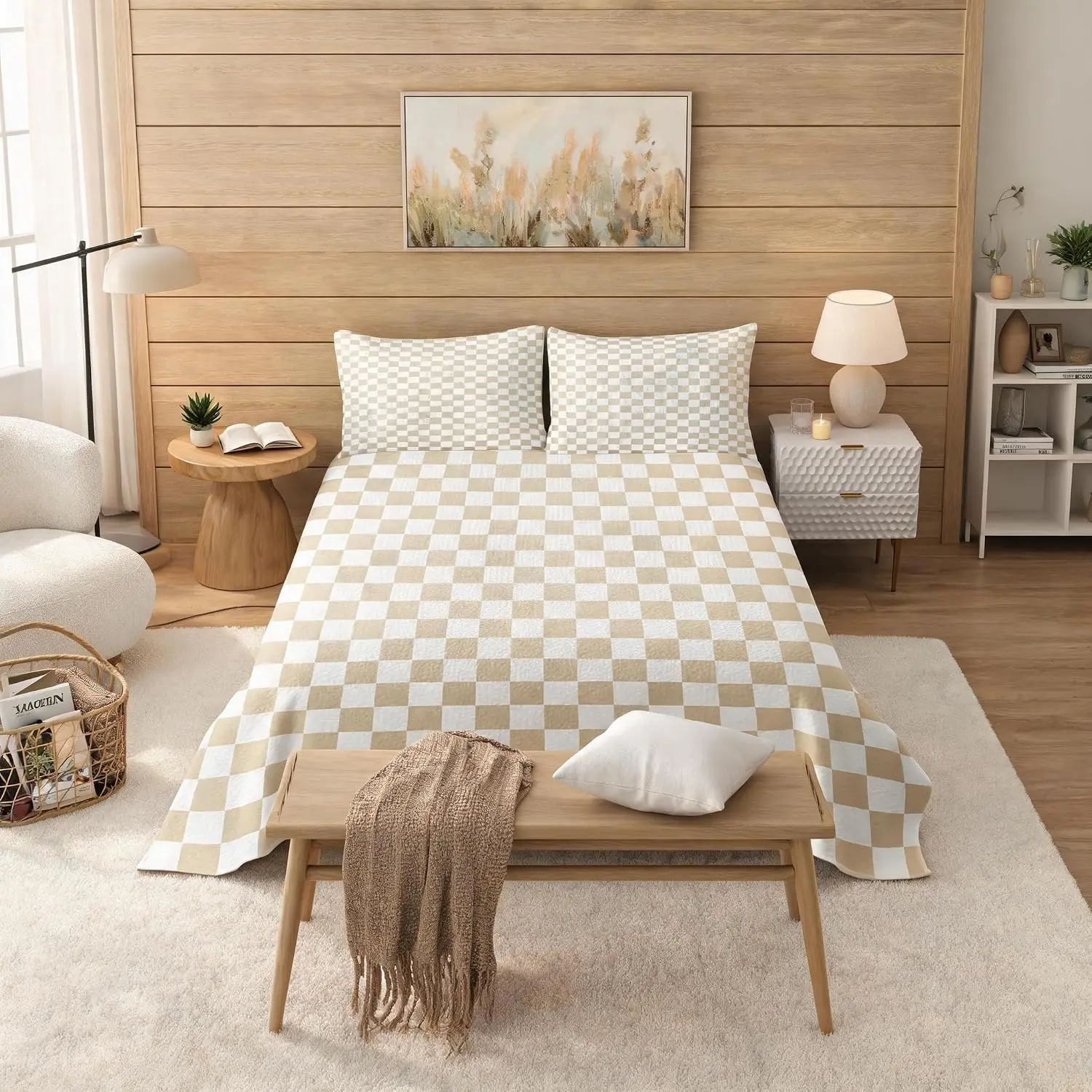 Khaki Grid Quilt Set Twin Size, Watercolor Checkered Bedspread Coverlet 2Pcs for Kids Girls Boys Room Decor, Patchwork Plaid Geometric Gingham Bedding Comforter with 1 Pillowcase