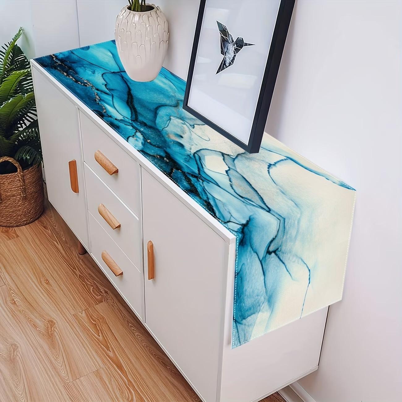 2D flat printing, 5-piece set/7-piece set table flag, dining mat, blue turquoise marble tablecloth, modern marble texture tablecloth, suitable for restaurant kitchen, wedding, holiday, party table decoration