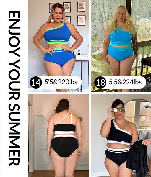 Aqua Eve Women Plus Size High Waisted Bikini One Shoulder Two Piece Swimsuit Color Block Bathing Suits