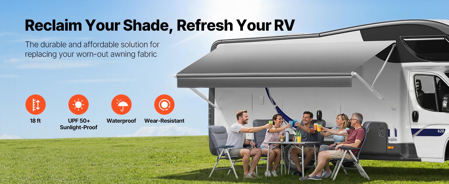 RV Awning Fabric Replacement, 18' (Fabric 17'2") 18 oz Heavy-Duty Weatherproof Vinyl Camper Awning Replacement, UPF50+ Protection Waterproof Outdoor Canopy for RV, Motorhome, Trailer, Gray Fade