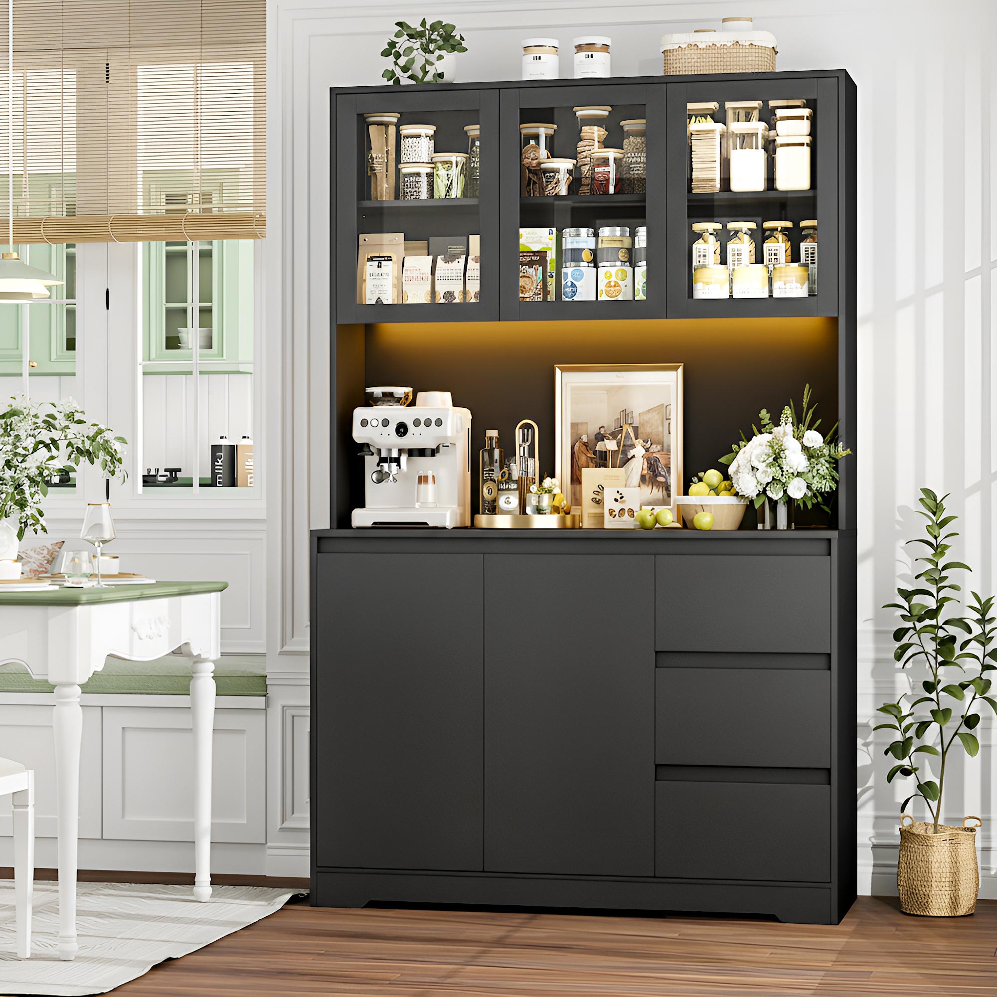 FOTOSOK 71" Modern Black Kitchen Pantry Cabinet with 6 Doors, 3 Drawers, LED Lights, Power Outlets, USB Ports, 39.4" Wx 15.2" Dx 70.9" H