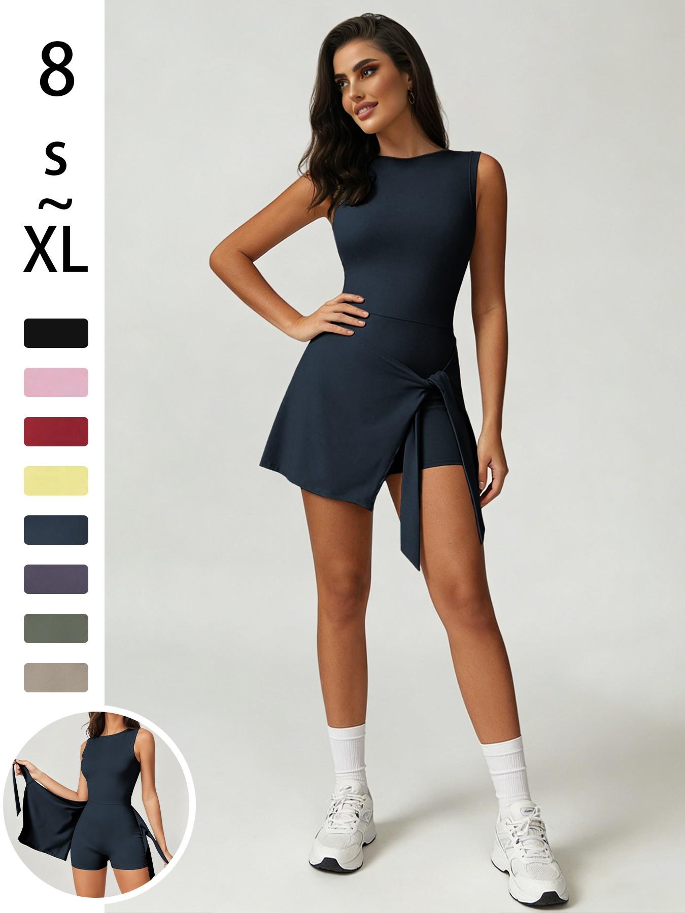 Women's Sporty Jumpsuit Dress Set, High Elasticity Yoga, Comfortable Fitted Fitness Commute Wear, All-Season Casual Outdoor Clothing, Sleeveless Athletic Dress, Sleeveless Sports Dress