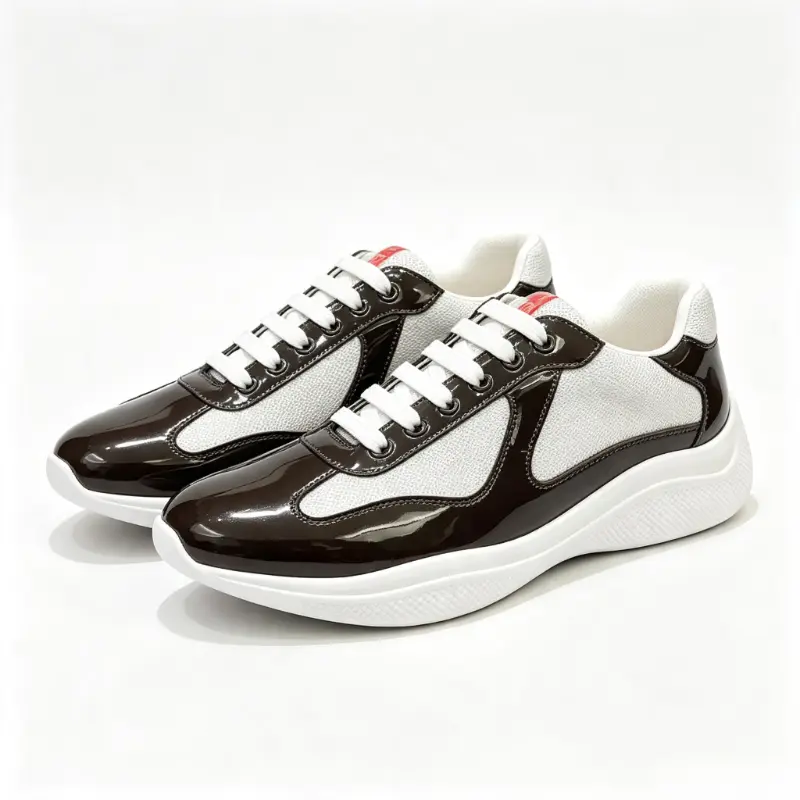 Men TwoTone Patent Leather Mesh LaceUp Sneakers, Contrast Panel Lightweight Thick Sole Athletic Trainers, Breathable Casual Walking Daily Outdoor Footwear