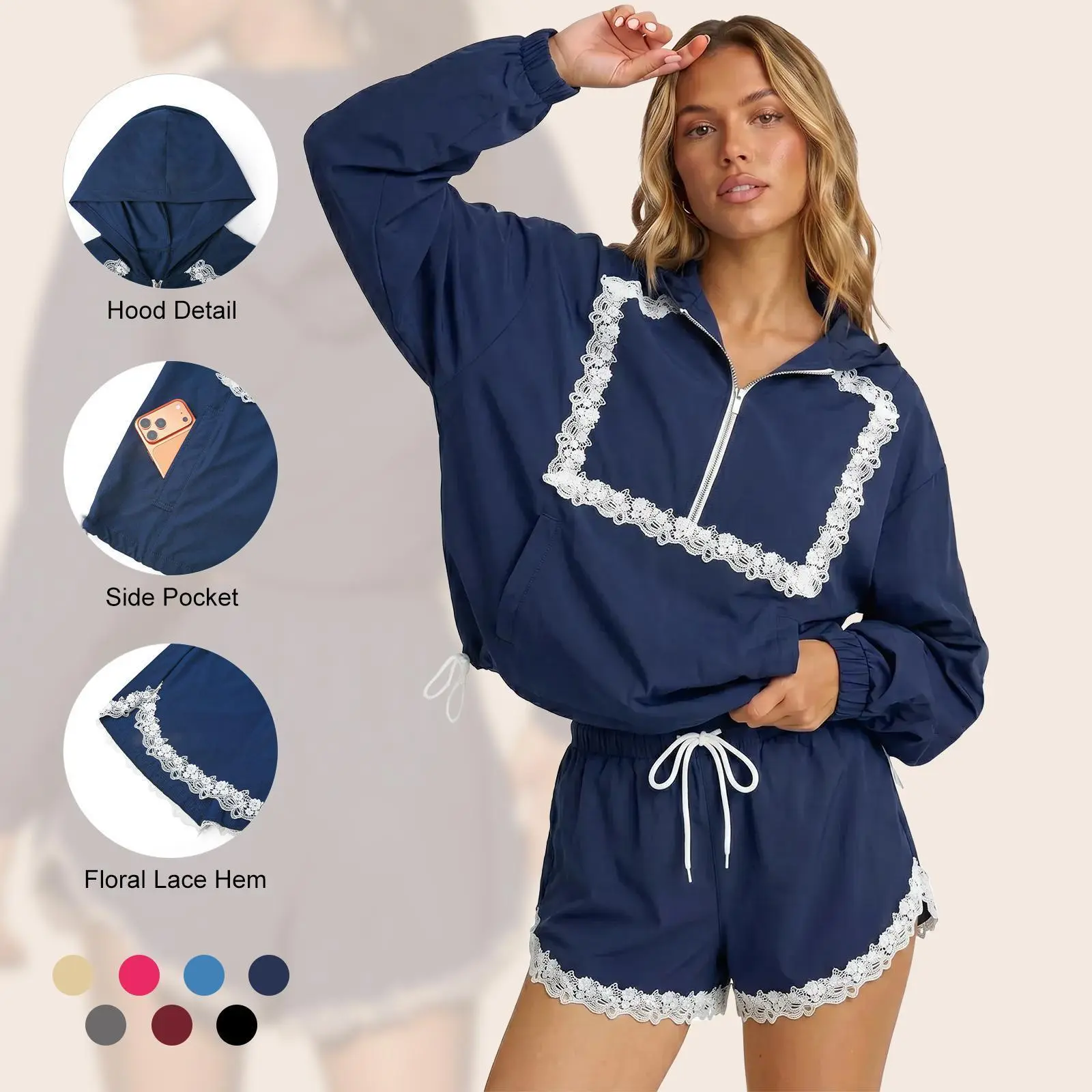 Imily Bela Women's Lace Trim 2 Piece Lounge Set Half Zip Hooded Sweatshirt & Drawstring Shorts Matching Outfit with Pockets