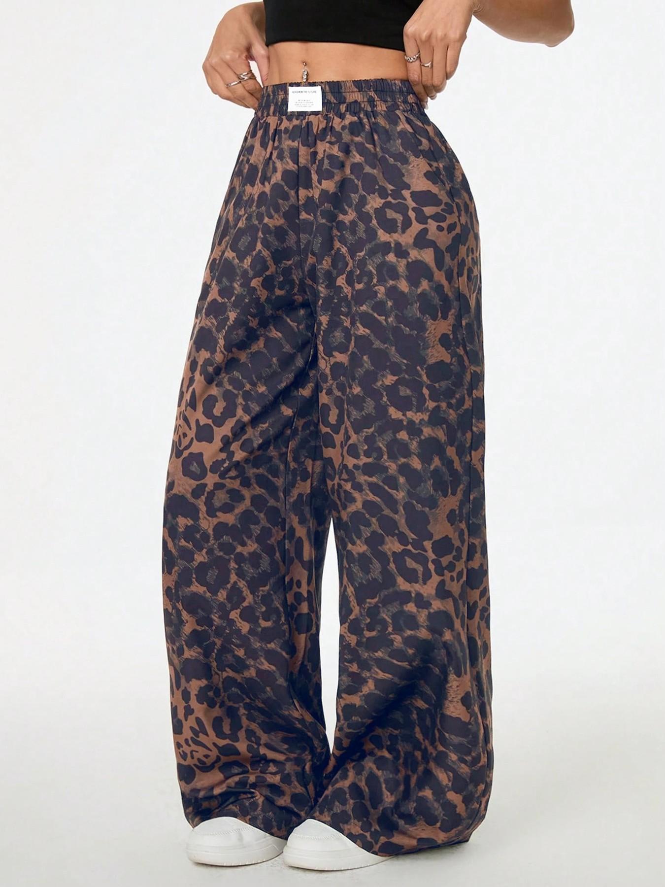 Women's Leopard Print Wide Leg Pants, High Waist Elastic Waist Loose Fit Street Style Long Pants, Fashionable Casual Wear, Casual Street Trousers