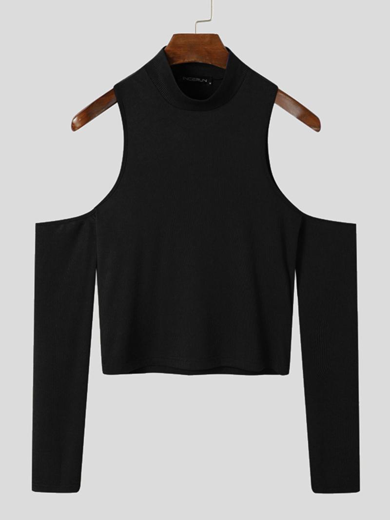 Men's Slim Cold Shoulder Mock Neck Crop Tank Top, Cut Out Long Sleeve T-shirt for Spring & Fall, Comfort Basic Minimalist Menswear for Daily Wear