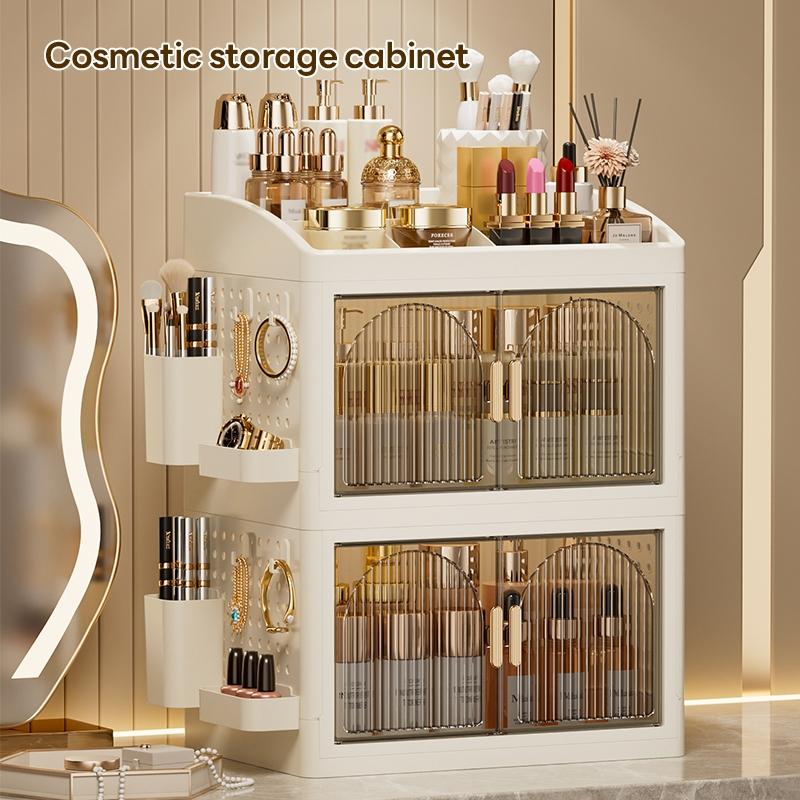 33cm*24.5cm Small Capacity Plastic Storage Cabinet, Magnetic Transparent Double Door, Organizer for Cosmetics and Small Items, Durable and Stylish
