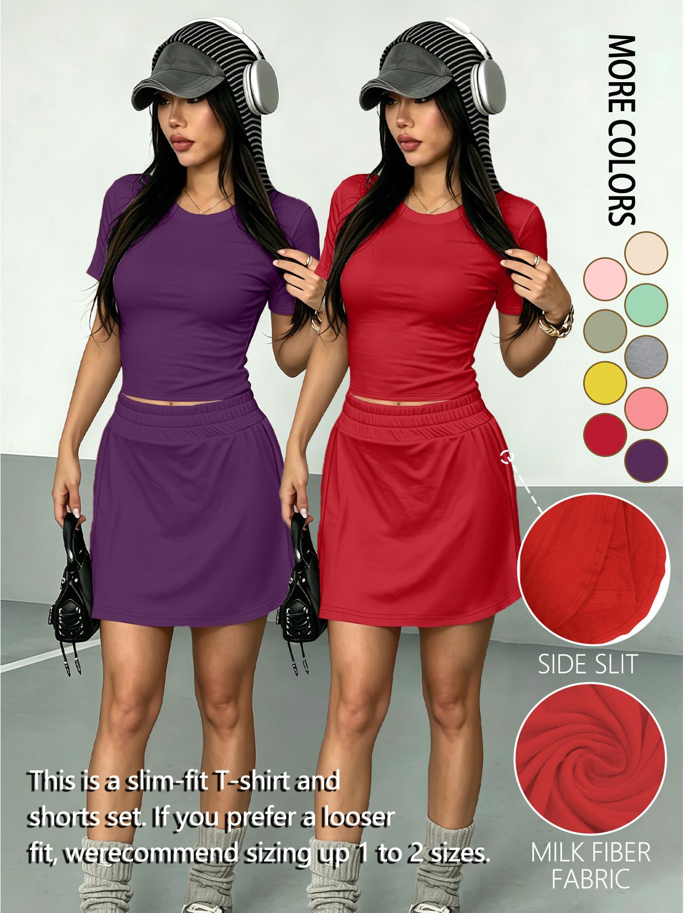 4-piece set, solid color crewneck and skort set, trendy and stylish hot girl style cropped T-shirt and skort, suitable for daily wear, fashionable women's casual sports T-shirt and skirt set