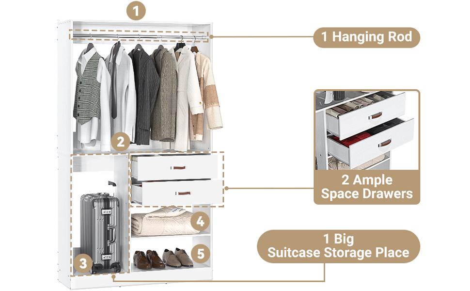 Unikito Walk-in Closet with Hanging Rod, Freestanding Closet System with Suitcase Storage, 40 Inches Stand-alone Wardrobe with 2 Wood Drawers, 80'' Height Adjustable Cloth Garment Rack, Walk-in Closet with Hanging Rod, Bedroom Furniture Closet Organizer