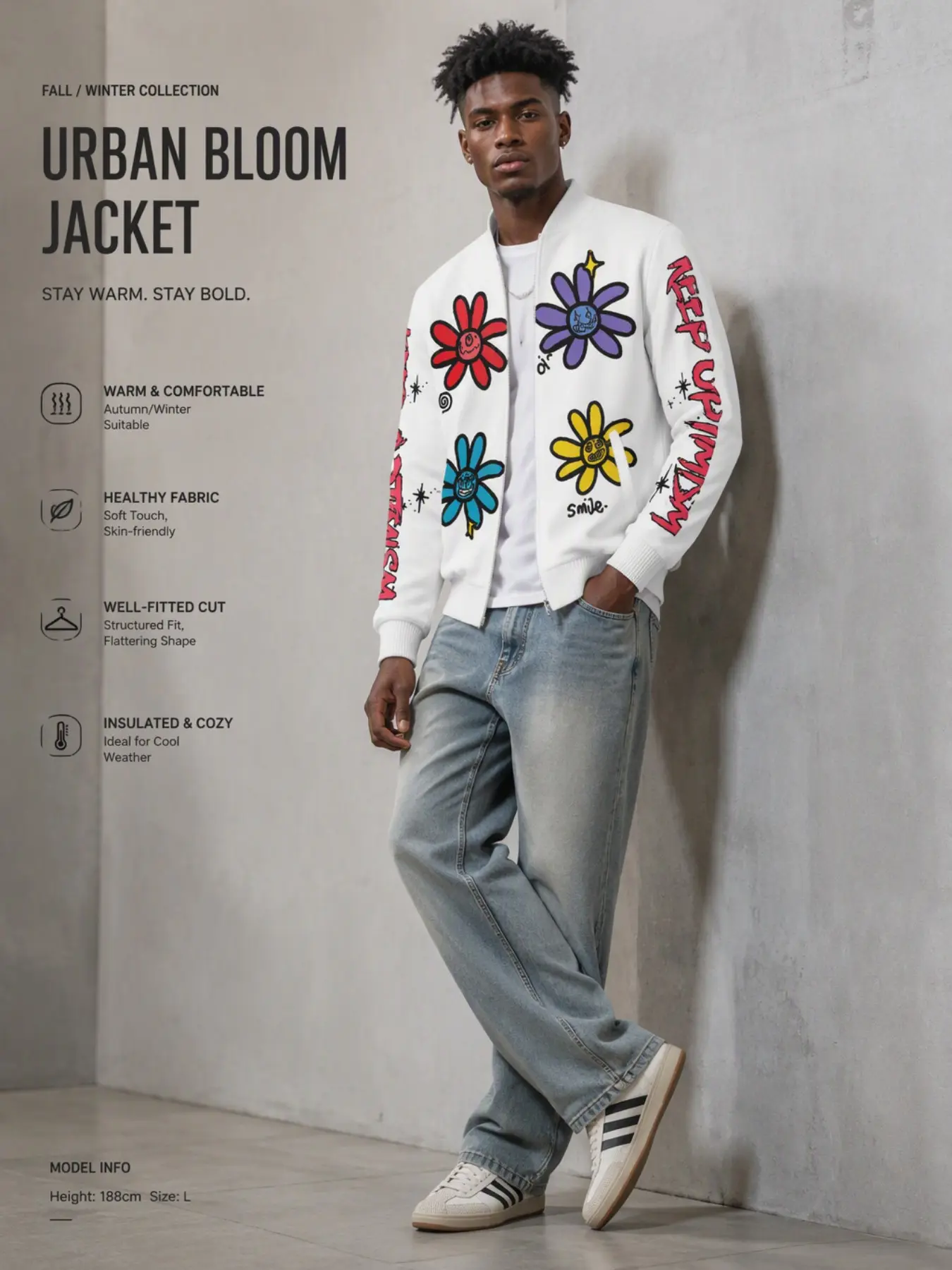 Men's Multi-Color Cartoon Daisy Pattern Full Zipper Bomber Jacket, Retro Smile Flower Print Windproof Streetwear Fall Winter Coat