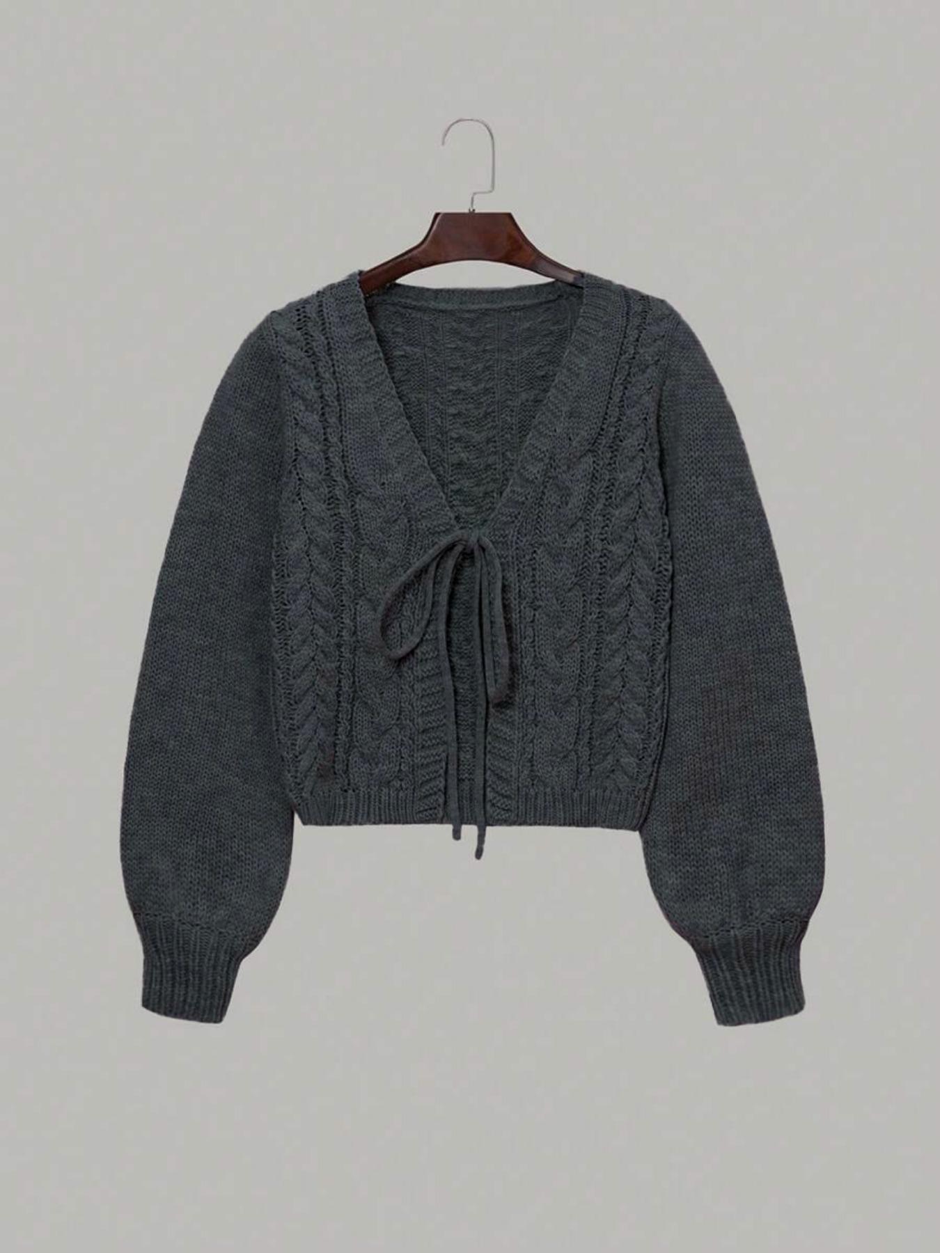 Women's Solid Drop Shoulder Long Sleeve Cardigan, Lady Knitting Tops, Minimalist Tie Front Knitwear With V Neck For Fall & Winter