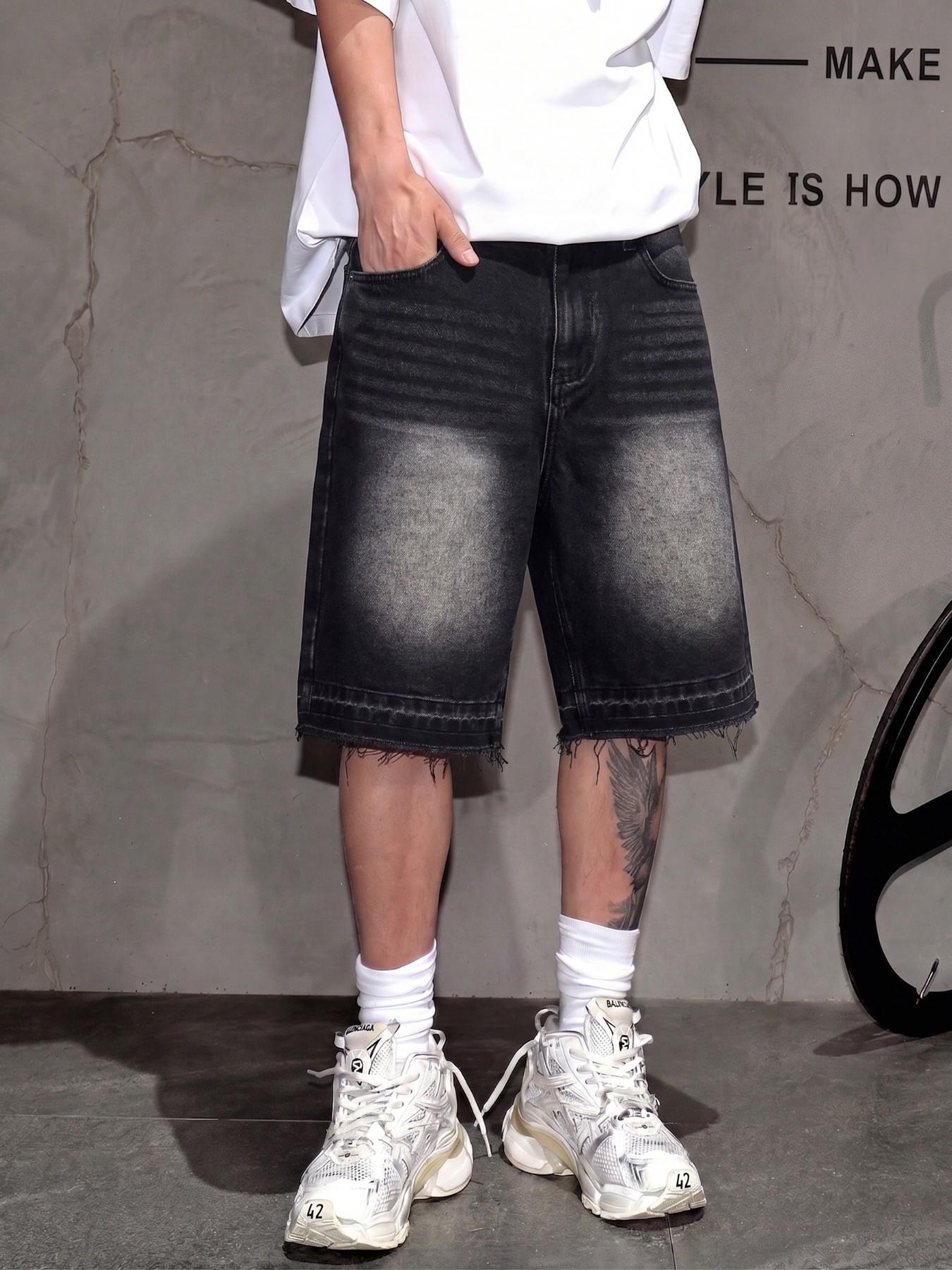 Men's Retro Washed Distressed Denim Jean Shorts, Casual Straight Fit, Vintage Distressed Bleached Design with Frayed Hem, Y2K American Streetwear Denim Shorts
