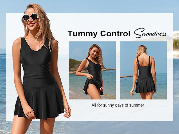 Yonique One Piece Swimsuits for Women Modest Tummy Control Swimdress Vintage Bathing Suits Skirt Swimwear
