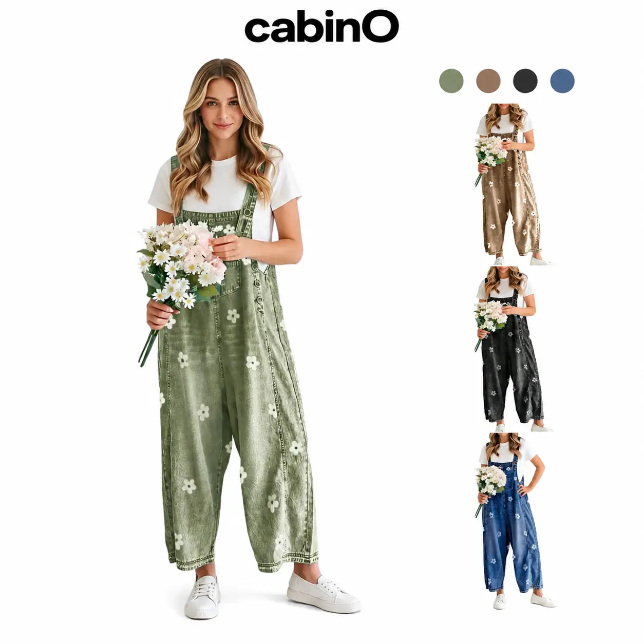 Cabino Women’s Olive Green Floral Denim Overalls - Loose-Fit Wide-Leg Bib Jumpsuit with Adjustable Straps, Front Pocket for Back-to-School, Casual Streetwear