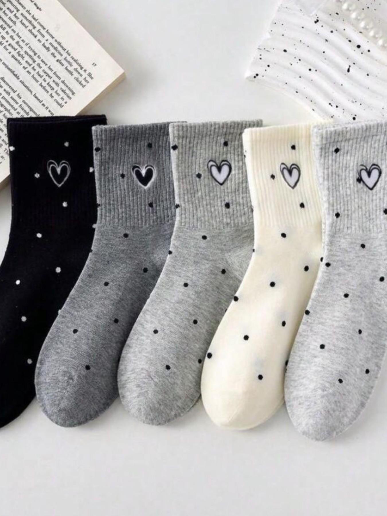 5 Pairs Heart Design Women's Mid-Calf Crew Socks, Casual Fashion Sport Wear, Slim-Fitting All-Season Socks for Daily Use