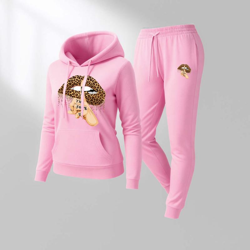 Women's Leopard Print Sexy Lips Print Hoodie And Drawstring Track Pants Set, Casual Sportswear, Long-Sleeved Hooded Jacket And Pants, Suitable For Autumn And Winter, Everyday Wear, Indoor And Outdoor Sportswear, Casual Sportswear.