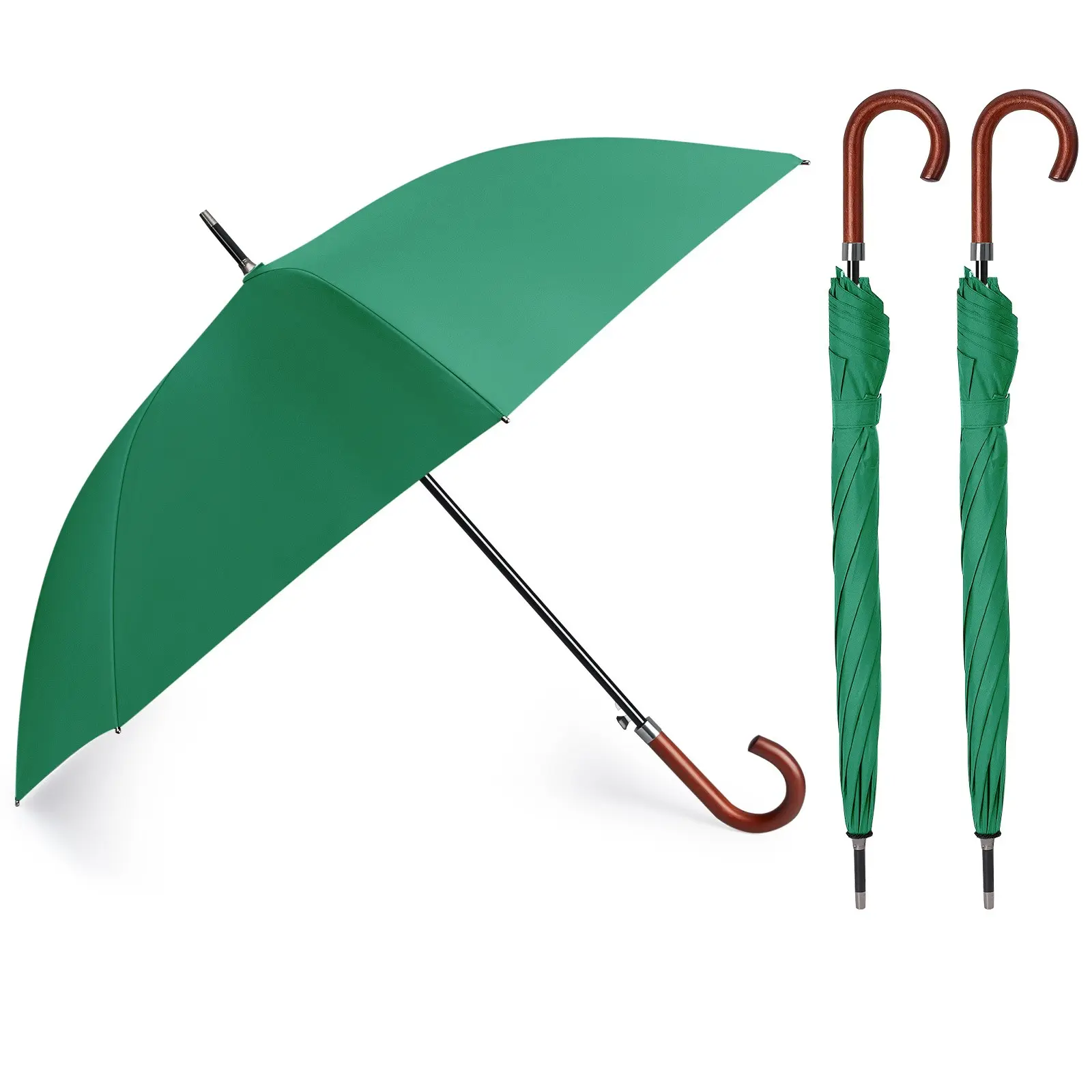 2pcs 48 Inch Auto Open Umbrella Large Wooden J Stick Handle Vintage Windproof Travel Wedding Fast Drying Rain Umbrella