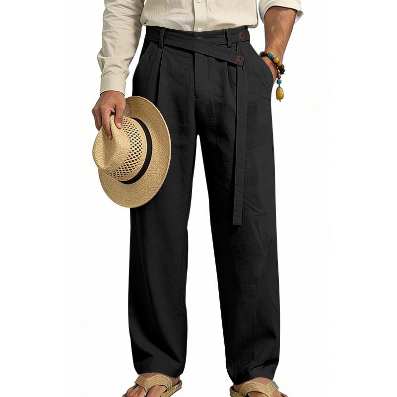 Men's 2026 Spring Summer Plain Linen-Cotton Fabric Wide Leg Trouser, Irregular Cross Buckle Waist, Loose Fit for Big-Tall Menswear, Ideal for Beach Vacation & Daily Commute (Polyester-Blended Option Available)
