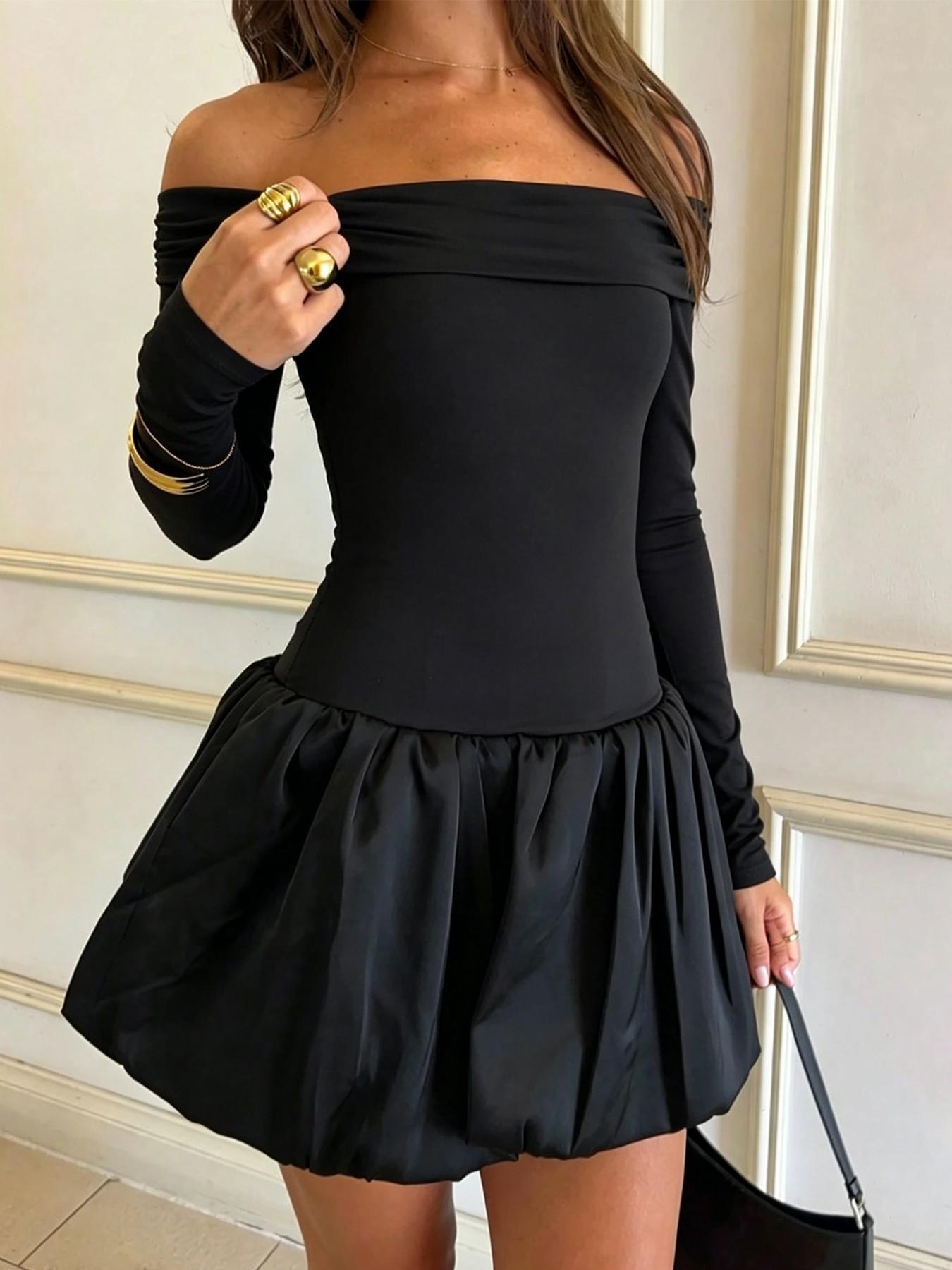 1-Piece Women's Elegant Off The Shoulder Mini Dress, Black Long Sleeve Ruched Waist Bubble Skirt Dress for Party and Night Out