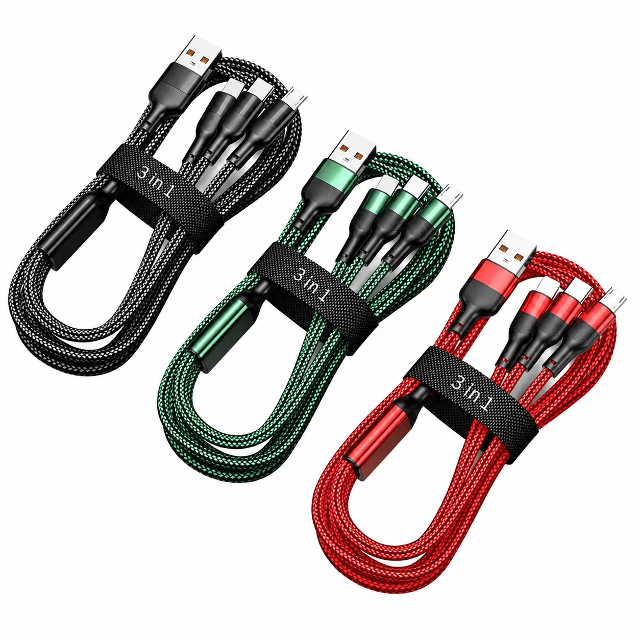 High-Capacity 6A Triple-Port Universal Charging Cable for Smartphones, Tablets, and USB-C Devices — Durable Braided Nylon Design with Fast Charging Support and Tangle-Free Compact Packaging