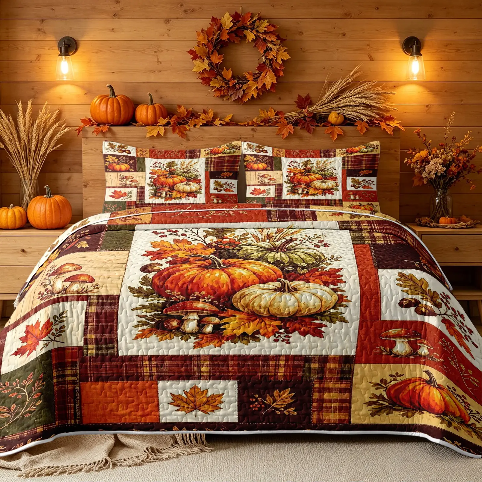 3pcs Autumn Pumpkin Maple Patchwork Quilt Set includes 1 quilt and 2 pillowcases, harvest retro fall style, reversible bedding, pumpkin mushroom and maple leaf elements, warm earth tones, suitable for Thanksgiving and autumn Bedding Sets