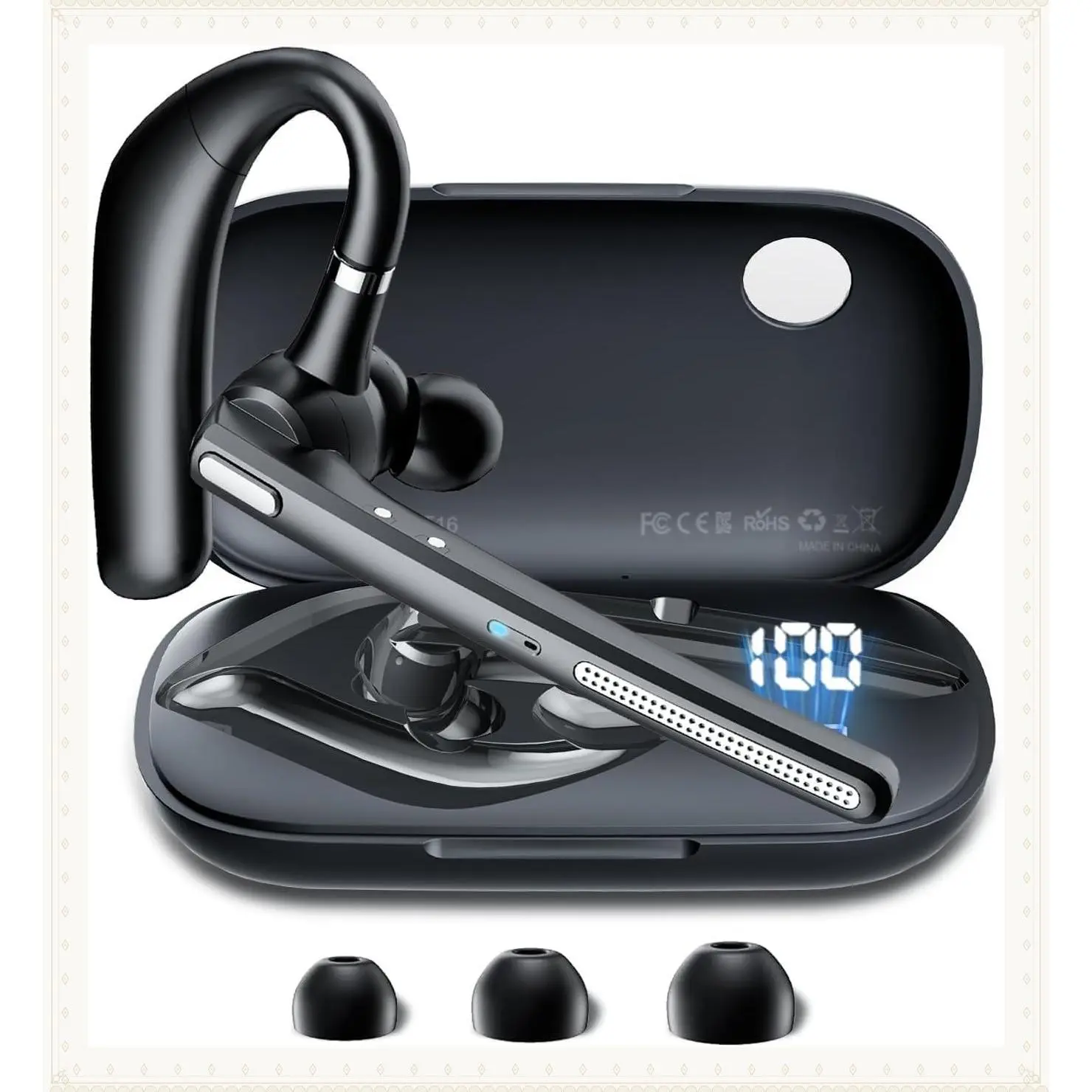 Bluetooth 5.3 Headset with 72-Hour Talk Time, 500mAh Charging Case, Noise Cancelling Mic, Wireless Earpiece for Office, Trucker, Driving & Business - BlackGift