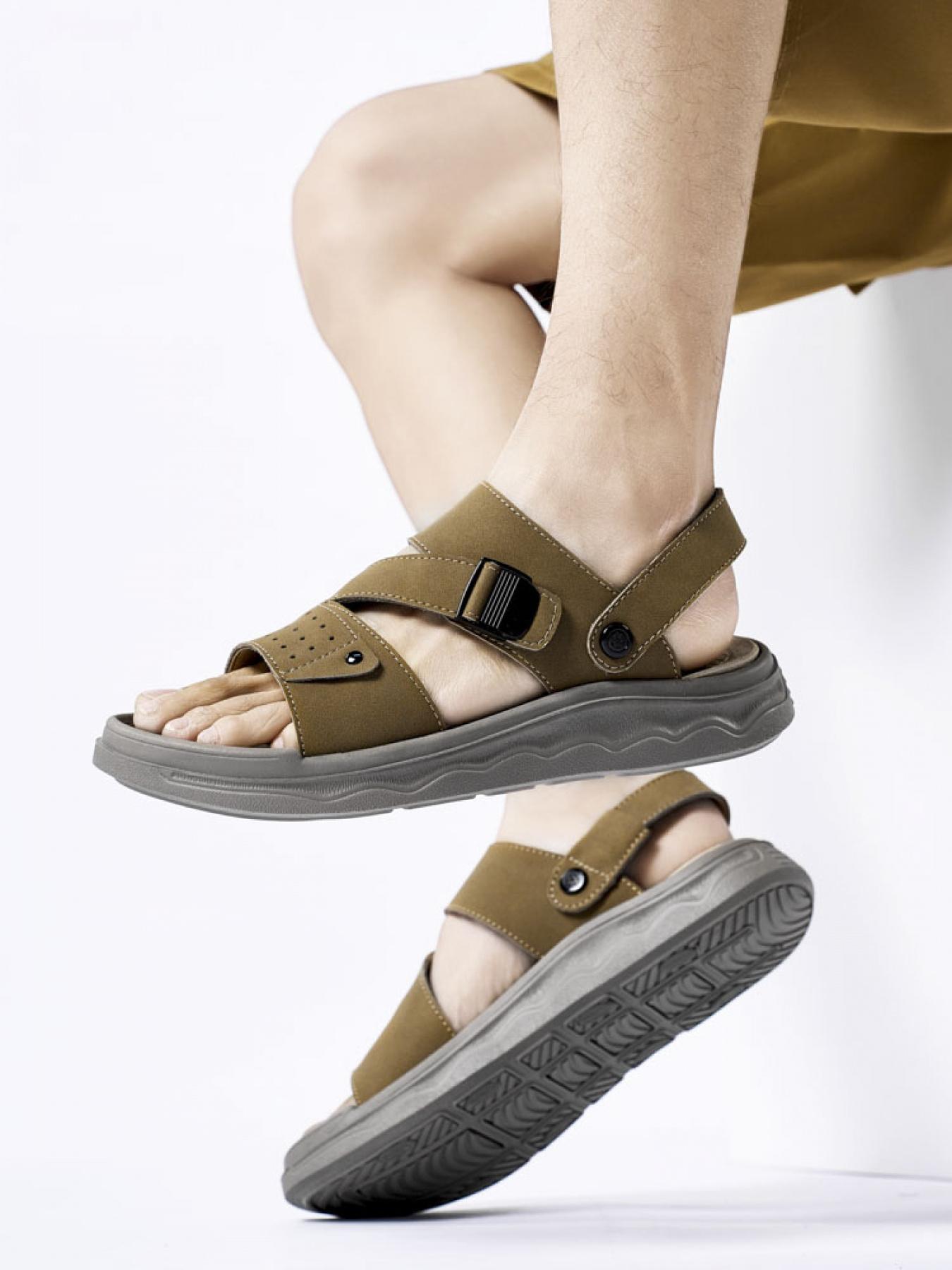 Men's Solid Color Dual-Wear Velcro Sandals Thick-Soled Breathable Beach Shoes Non-Slip Wear-Resistant Outdoor Water-Slippers