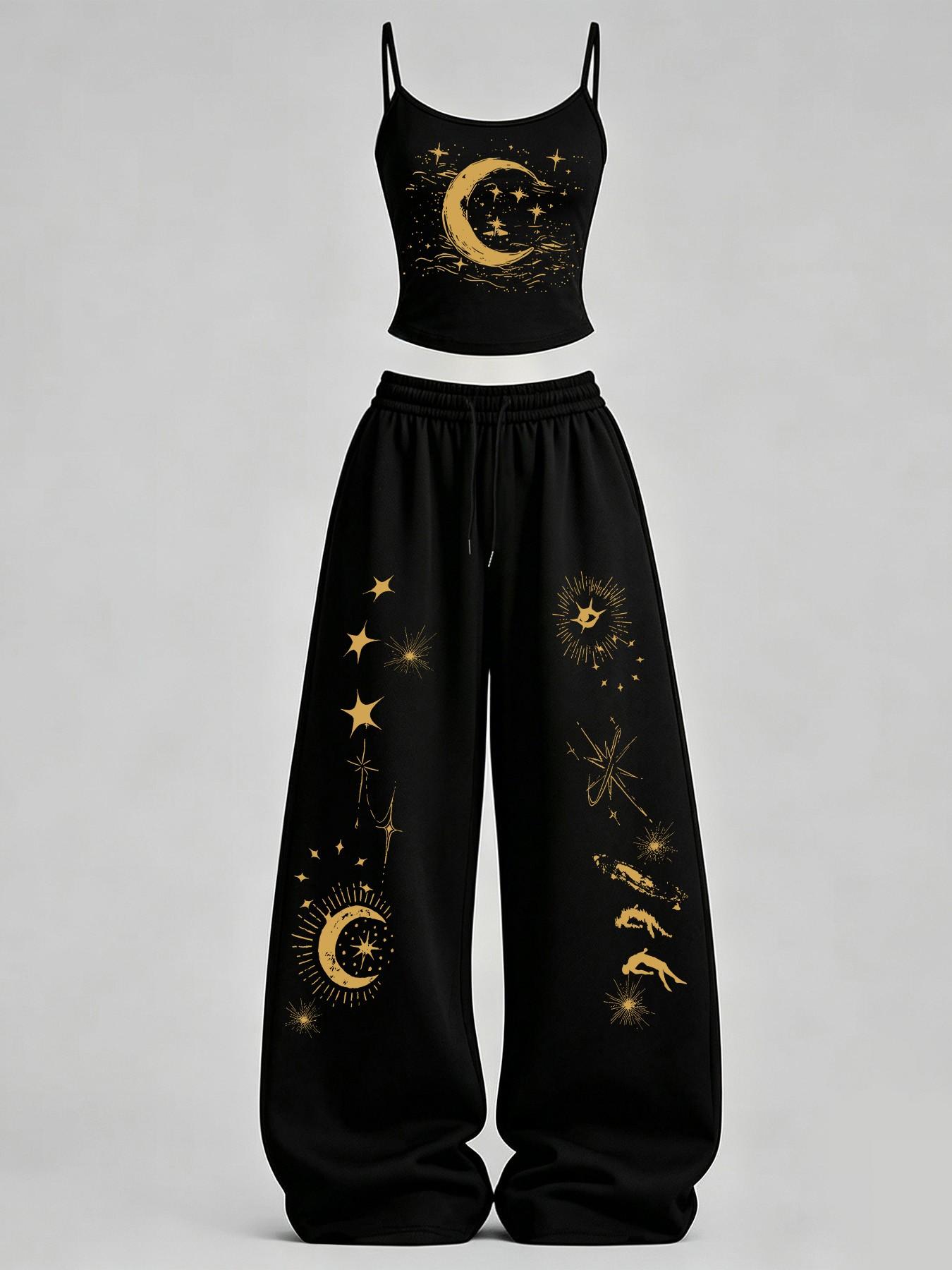 Women's Casual Home Wear Set, casual everyday set, Star Moon Print Slim Fit Tank Top + Loose Pants, Y2K Street Style, Daily Commute, Campus, Home Relax