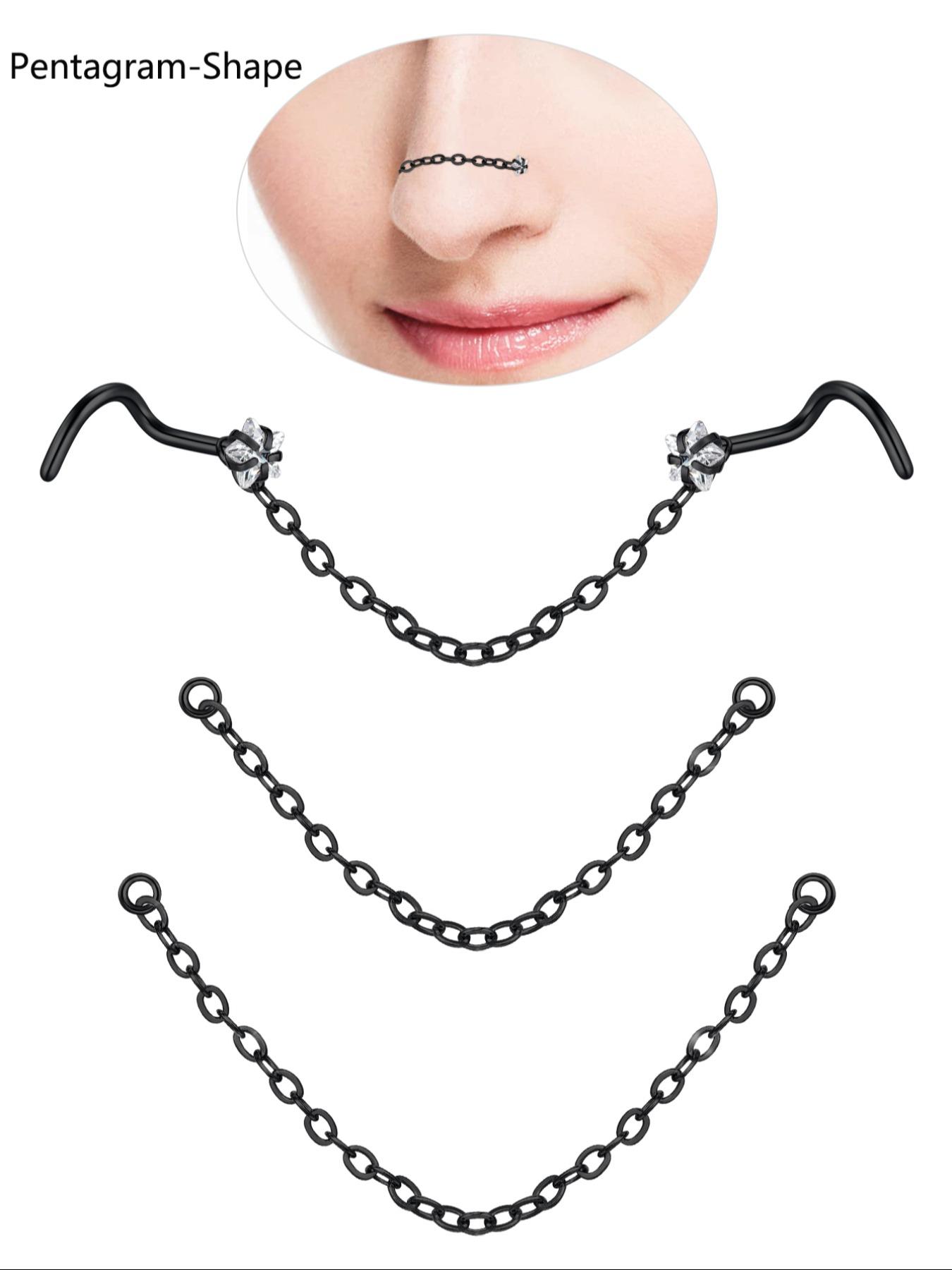 Unisex Stainless Steel Cz Nose Chain, Cool Bone Shape Ring, Party Style Piercing Jewelry, Halloween Accessory