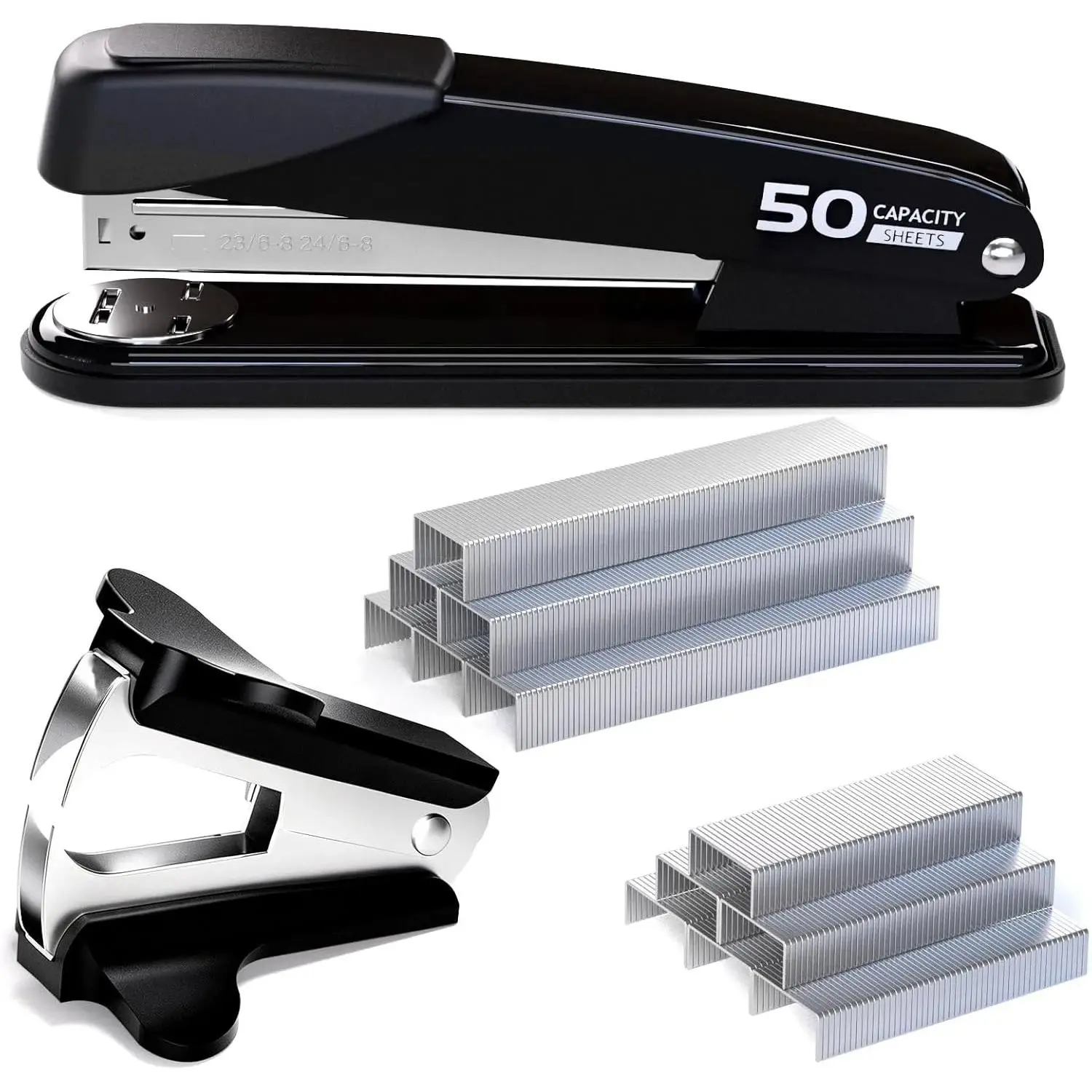 Metal Body Heavy-Duty Stapler - 50-Sheet Capacity, No Jam, Non-Slip, Multi-Mode, with 2000 Pieces 1/4" & 5/16" Staples + Staple Remover, for Desk Use, Offices/Schools, Black