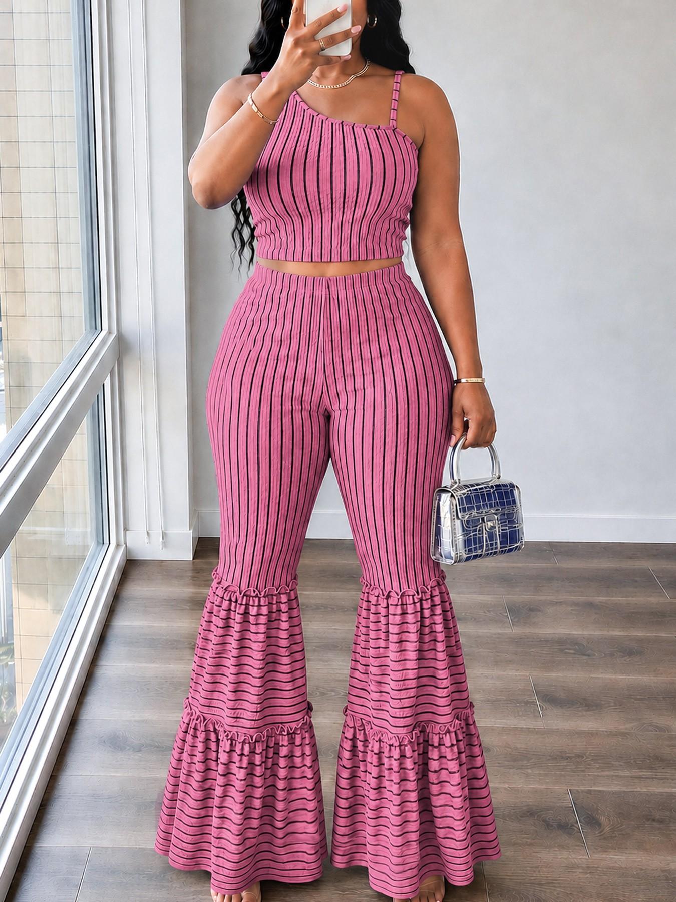 Women's Summer Striped Two-Piece Set, Lightweight Sleeveless Top and Ruffled Bell Bottom Pants, Chic Outfit for Casual Wear, Summer Vacation and Street Style