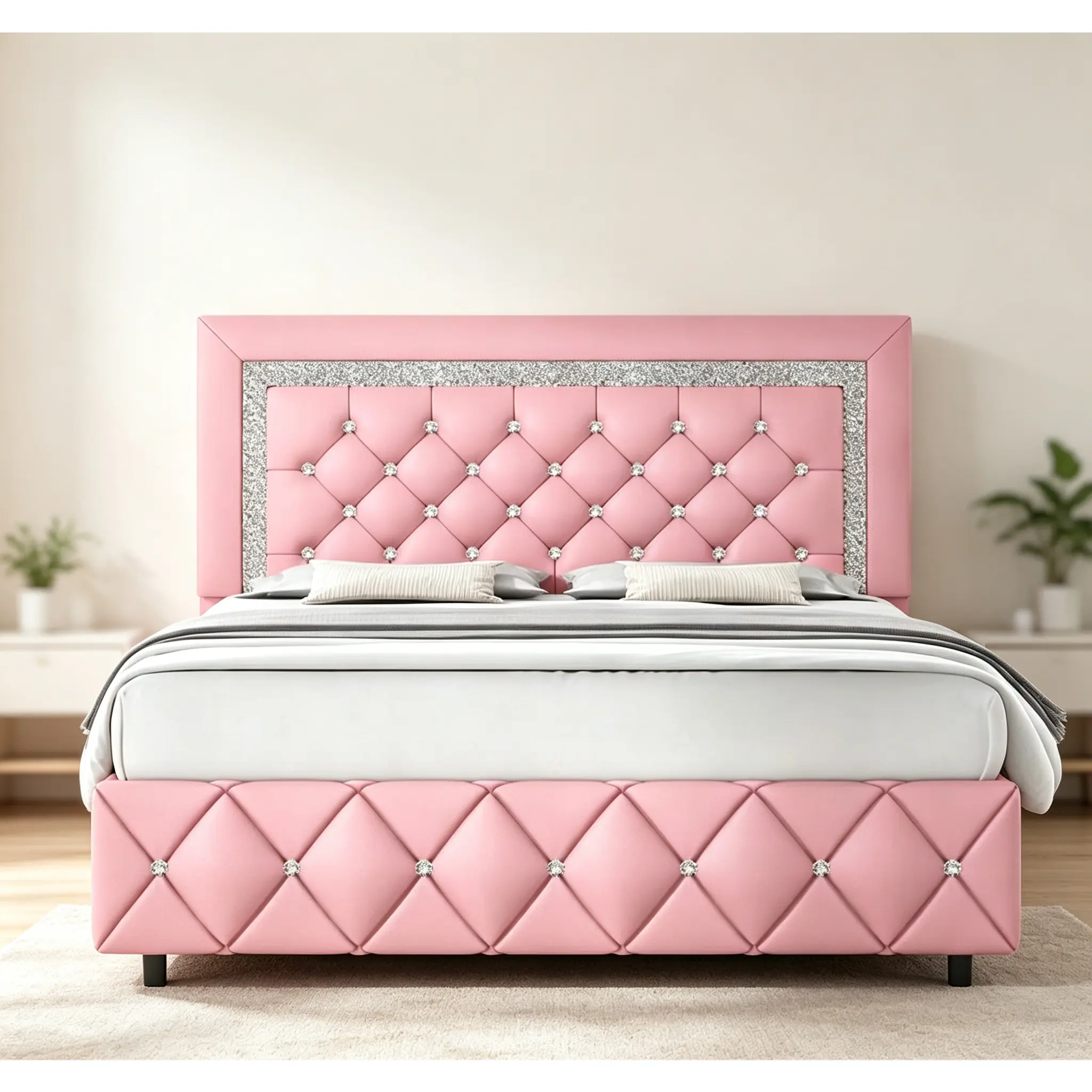 Twin/ Full/ Queen/ King Size Bed Frame, Upholstered Bed Frame With Diamond Headboard And Footboard, Pearl White/ Beige/ Black/ Grey/ Pink/ Purple/ Green
