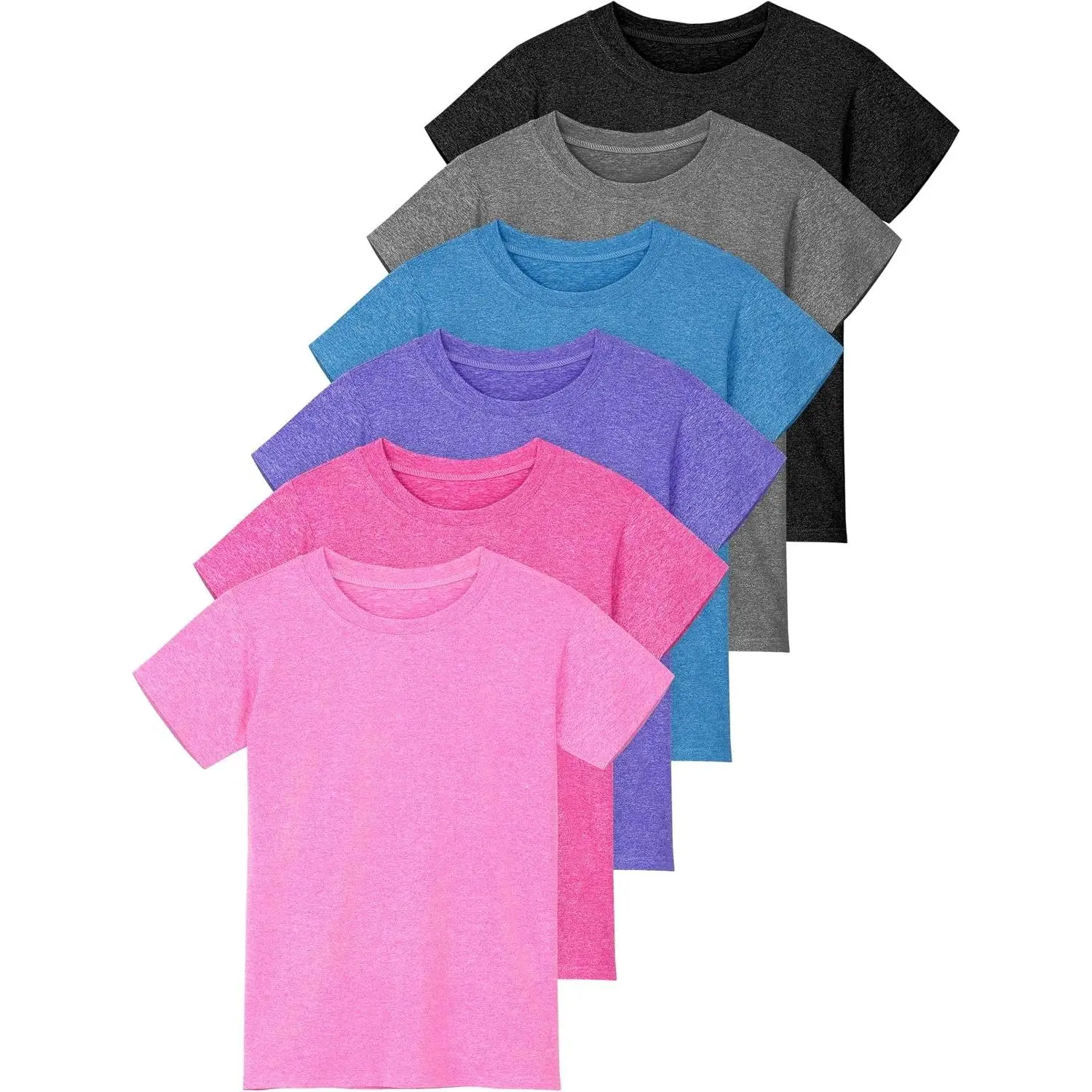 6 Pack Girls Athletic Shirts Short Sleeve T-Shirts Crew Neck Dry-Fit Shirts Activewear Tees Tops Casual Shirt