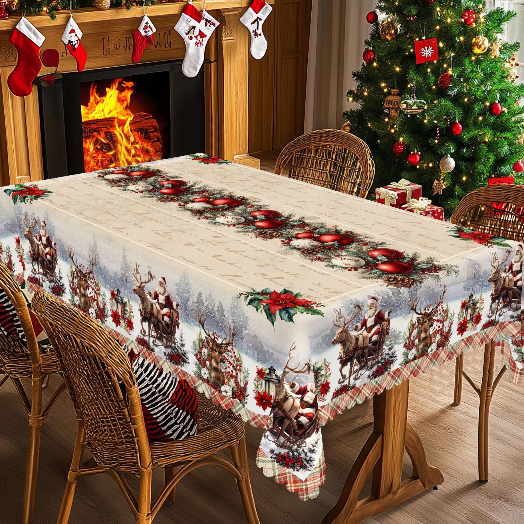 PLUMLIK Vintage Christmas Tablecloth with Santa Claus, Reindeer Patterns, Christmas Decor 2025, Christmas Party Decoration for Indoor&Outdoor, Golden Round Rectangular Table Cloth, Holiday Home kitchen Festive Decor, Christmas Gifts Dinnerware Celebration