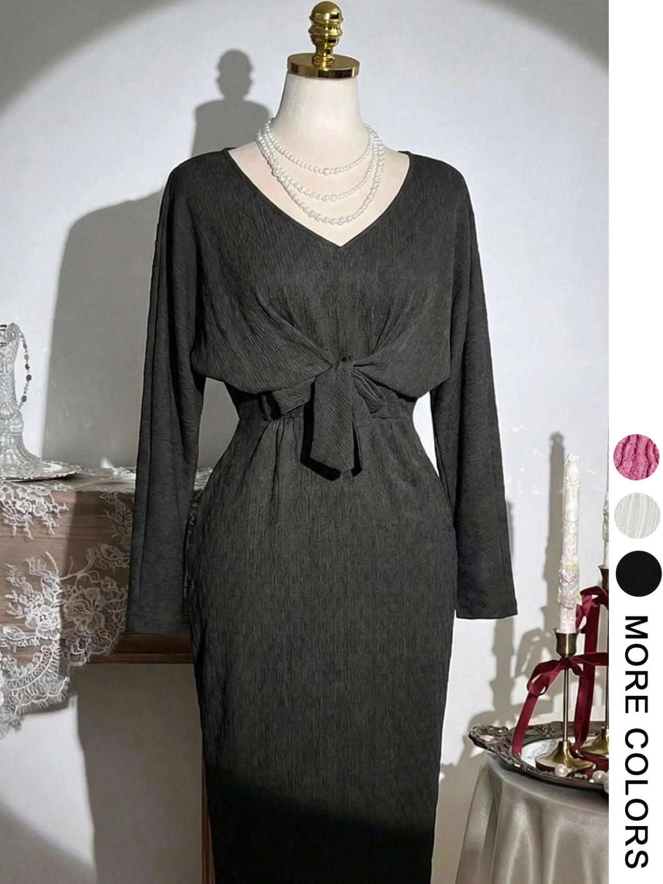 Plus Size Elegant Dress – V Neck Tie Waist Long Sleeve Gown, Party Evening Essential, Slim Fit, Spring & Fall Fashion