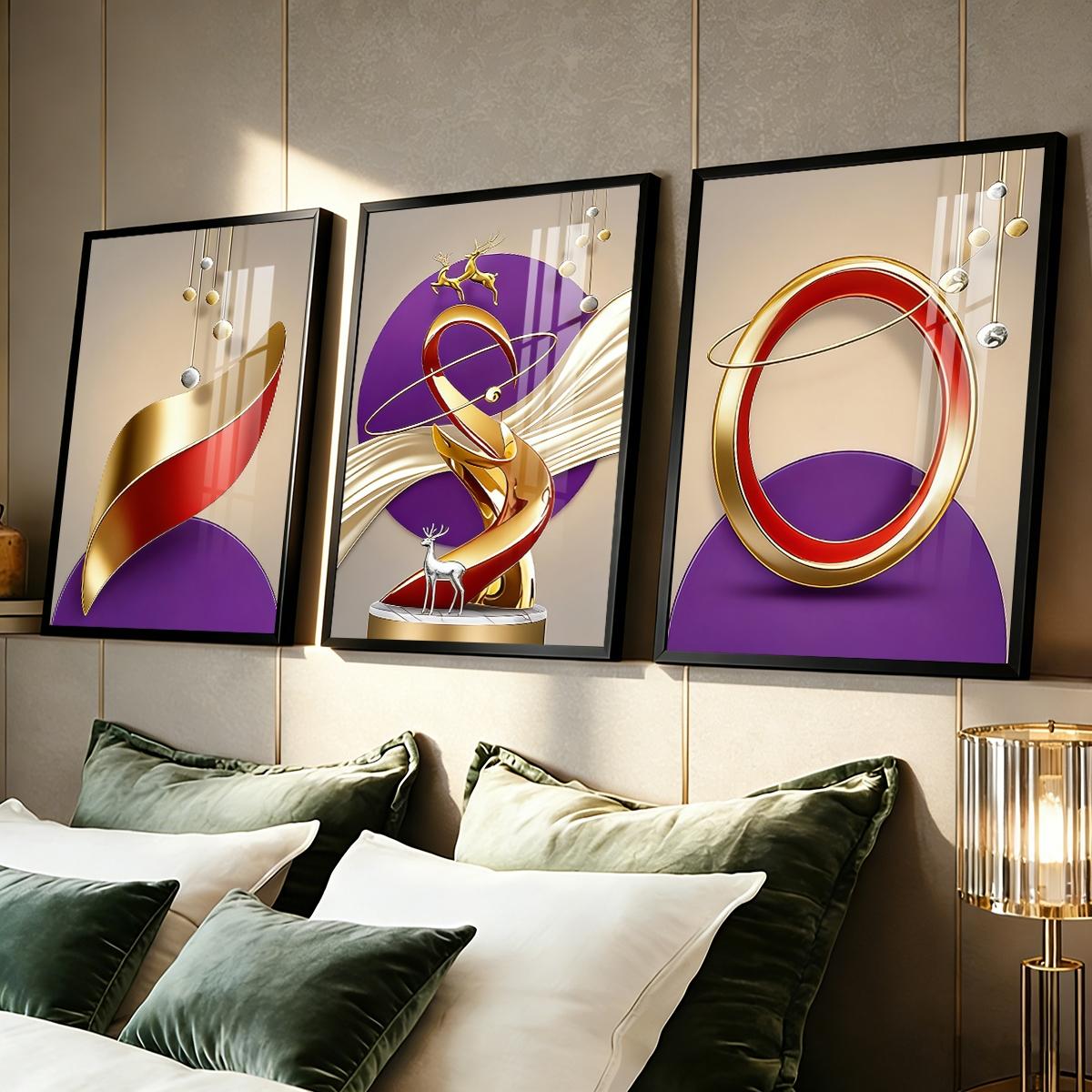 3 Counts Aluminum Alloy Framed Painting, Abstract Golden And Red Geometric Shapes With Deer Pictures, Home Decoration For Living Room, Bedroom, Office, Restaurant, Hallway Wall Decor, Odorless Print Artwork, Luxury Perfect Gift For Friends And Family