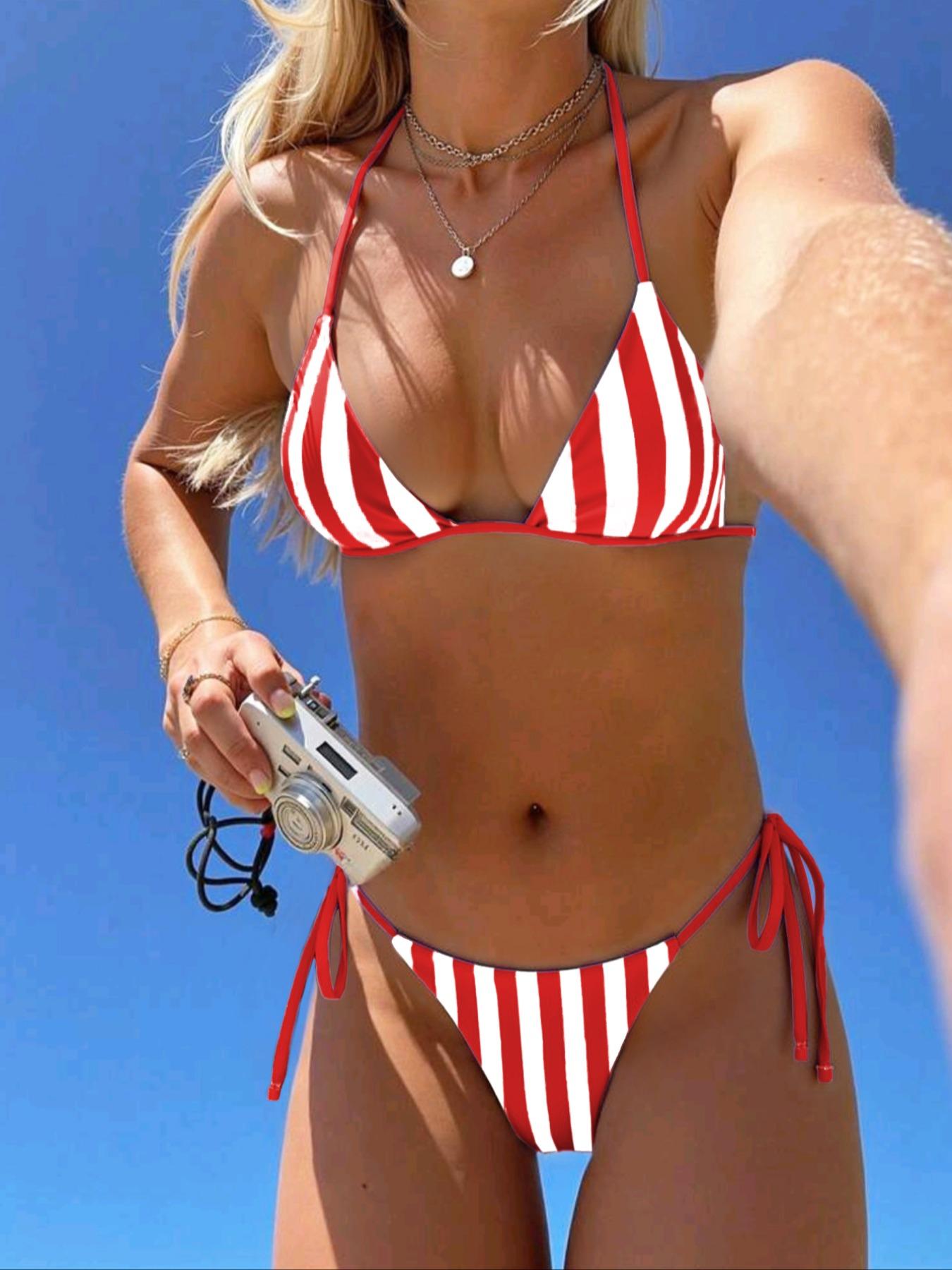 Women's Sexy Fashion Two-Piece Swimsuit, Summer Beach Bikini Set, Random Print, Casual Style, Polka Dot Pattern, All Seasons, Stripe Bikini