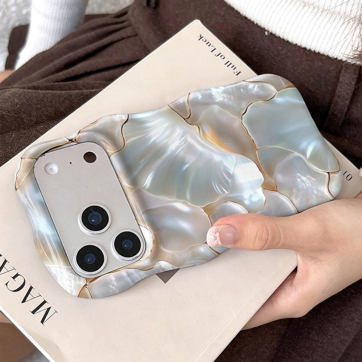 Shockproof Protective Smartphone Case for 6.1-6.7" Phones, Dual PC+TPU Blend with 2D Pearl Shell Ginkgo Leaf Golden Line Print, Marble Design, Camera Cover, Wavy Curved Raised Edges, Glossy Finish, Non-Slip, Easy Installation, Aesthetic Boost