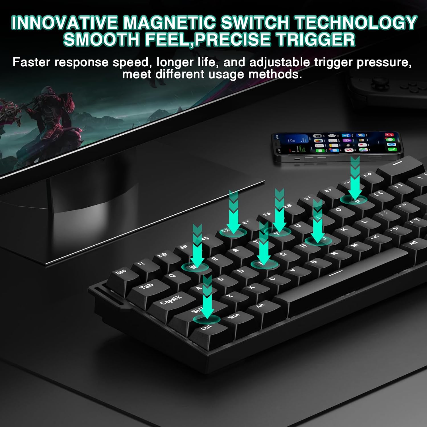 Aula MINI60 HE  Gaming Keyboard 60%,Hall Effect Rapid Trigger  Keyboard,8000Hz Polling,Tri-Mode(BT5.0/2.4GHz/USB-C),Hot Swappable Compact Mechanical Keyboard for Gamer(Black)