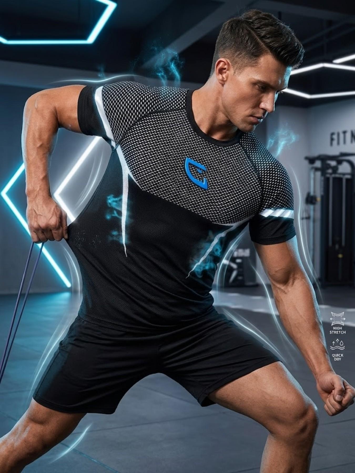 Men's Fitness Sport T-Shirt, Trendy Athletic Style, 10x Stretch, Quick Dry, Sweat-Wicking, Ideal for Gym Training, Men's Workout Wear