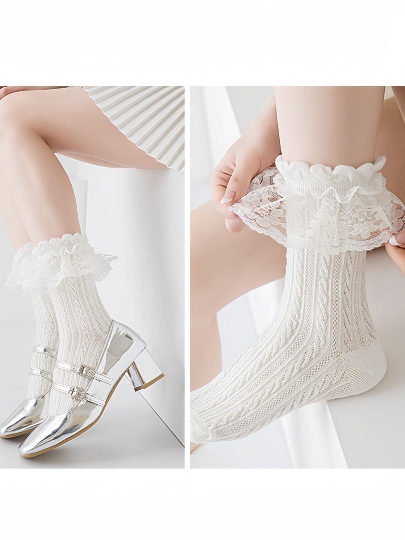 Lolita Lace Trim Socks for Women, Japanese Style Mesh Breathable Mid-Calf Socks, Perfect with Mary Jane Shoes