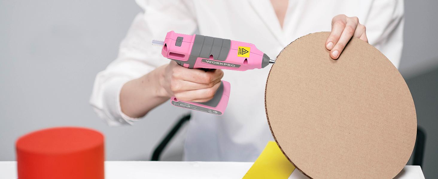 #SpringGlowUp WORKPRO Pink Cordless Hot Melt Glue Gun, 7.2V Rechargeable Fast Preheating Glue Gun Kit with 20 Pc Premium Mini Glue Stick, Automatic-Power-Off Glue Gun for Art, Craft, Decoration - Pink Ribbon