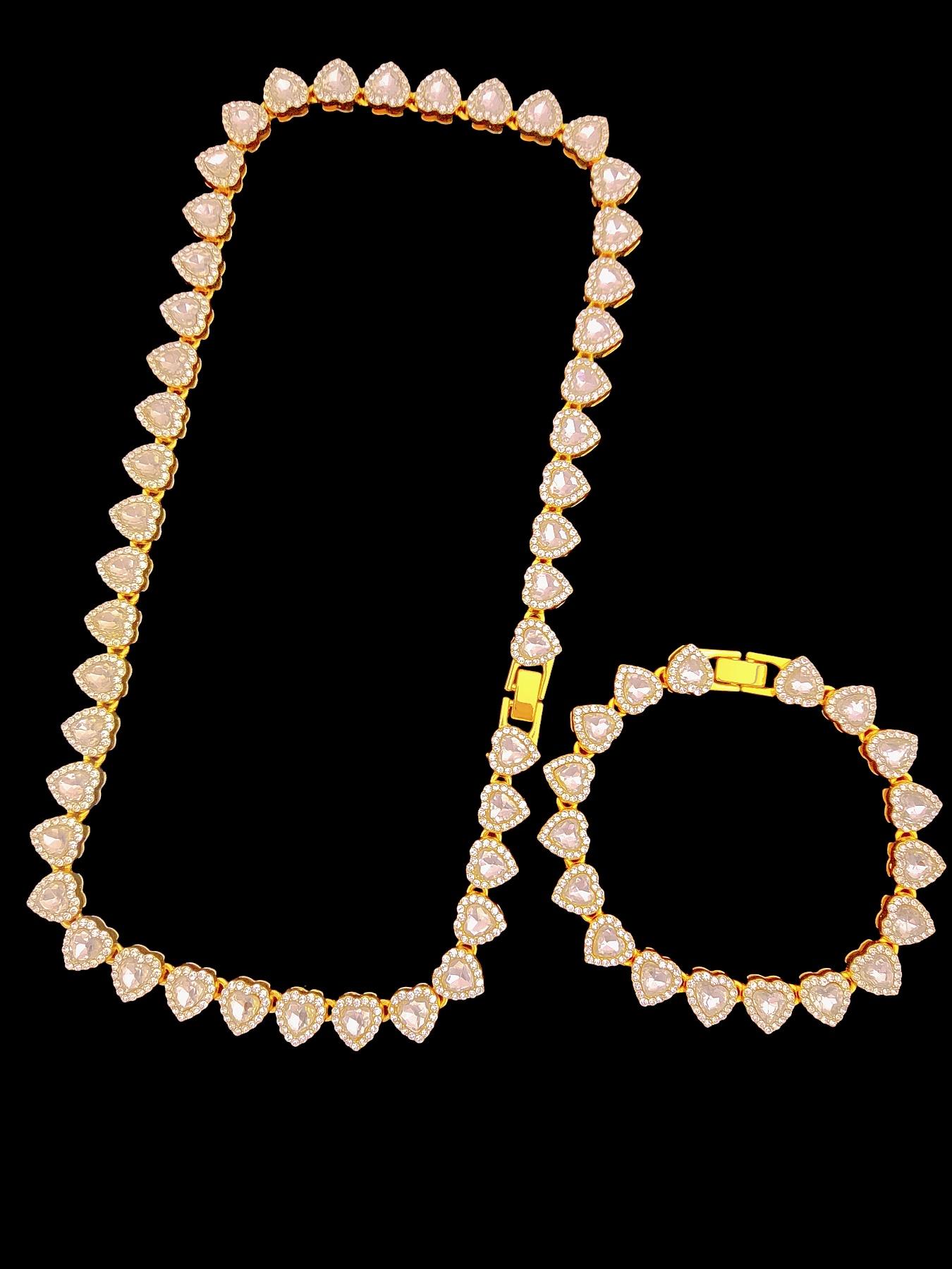 2Pieces/Set 10mm Love Heart Shape Chain Necklace and Bracelet Men or Women Hip Hop Iced Out Bling Bling Chain Necklace and Bracelet Fashionable Jewelry Set Fashion Set Jewelry Valentines Gift