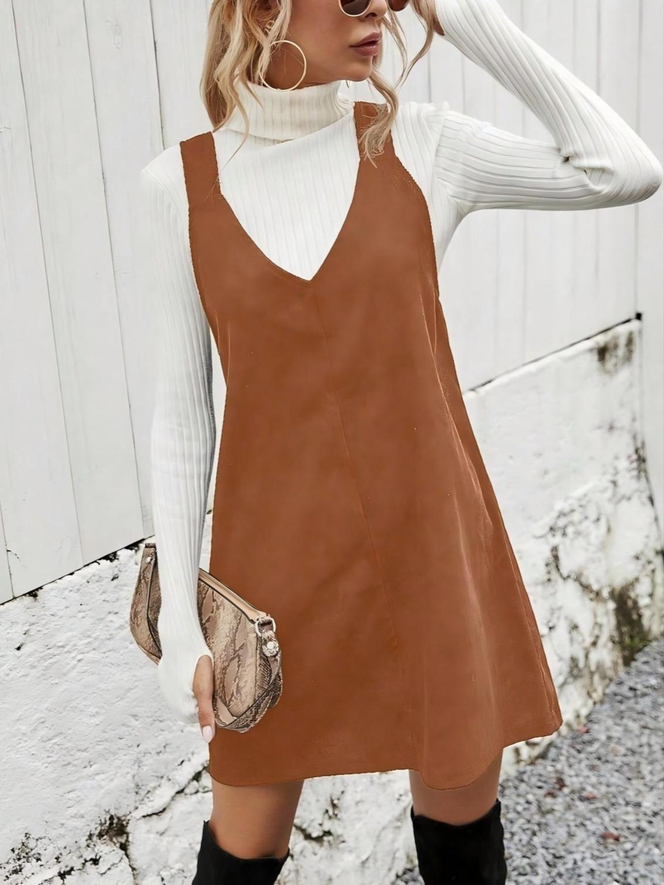 Women's Solid Color Corduroy Vest Dress without Sweater, Casual Sleeveless Straps Short Dress for Daily Wear, Ladies Clothes for All Seasons