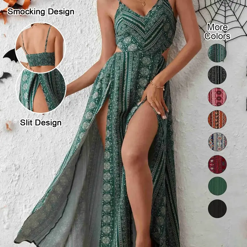 【Black Friday】Women's Boho Striped Print Maxi Dress, Bohemian Spaghetti Strap Dress with Thigh Slit, Perfect for Beach Vacation, Summer & Layering #GLOBAL PICKS
